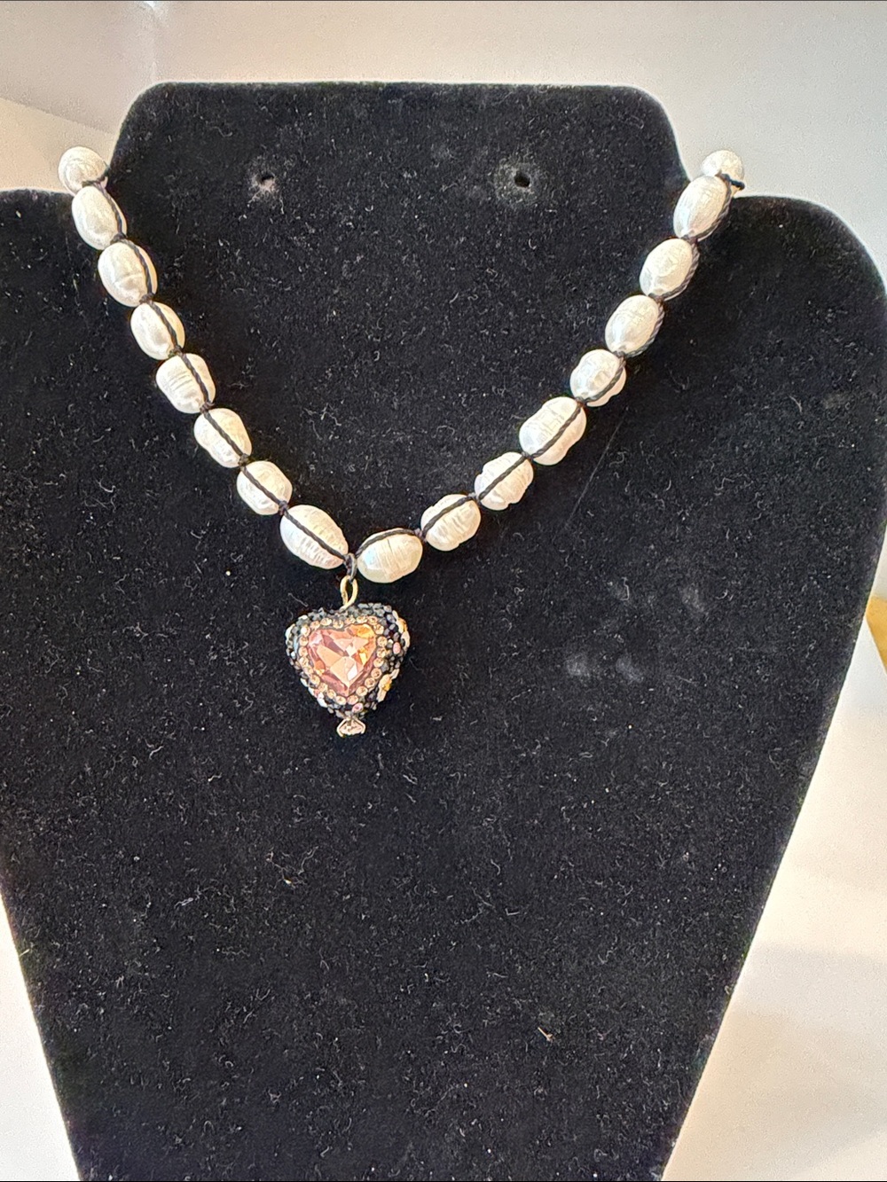 Pearl Bead Necklace with Heart Crystal Pendant - White